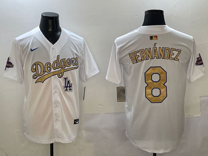 Men Los Angeles Dodgers #8 Hernandez White Champion gold character 2025 Nike MLB Jersey style 13->los angeles dodgers->MLB Jersey